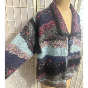 Anthropologie Rare Patchwork Hand Made Clay Button Striped Cardigan Free Size